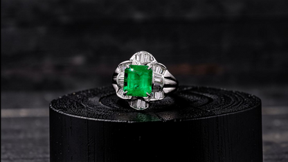 Nishio MADE IN JAPAN Certified 3.51 cts. Muzo Vivid Green Columbian Emerald Ring with Platinum 900 and White Diamonds Size US6  - R16