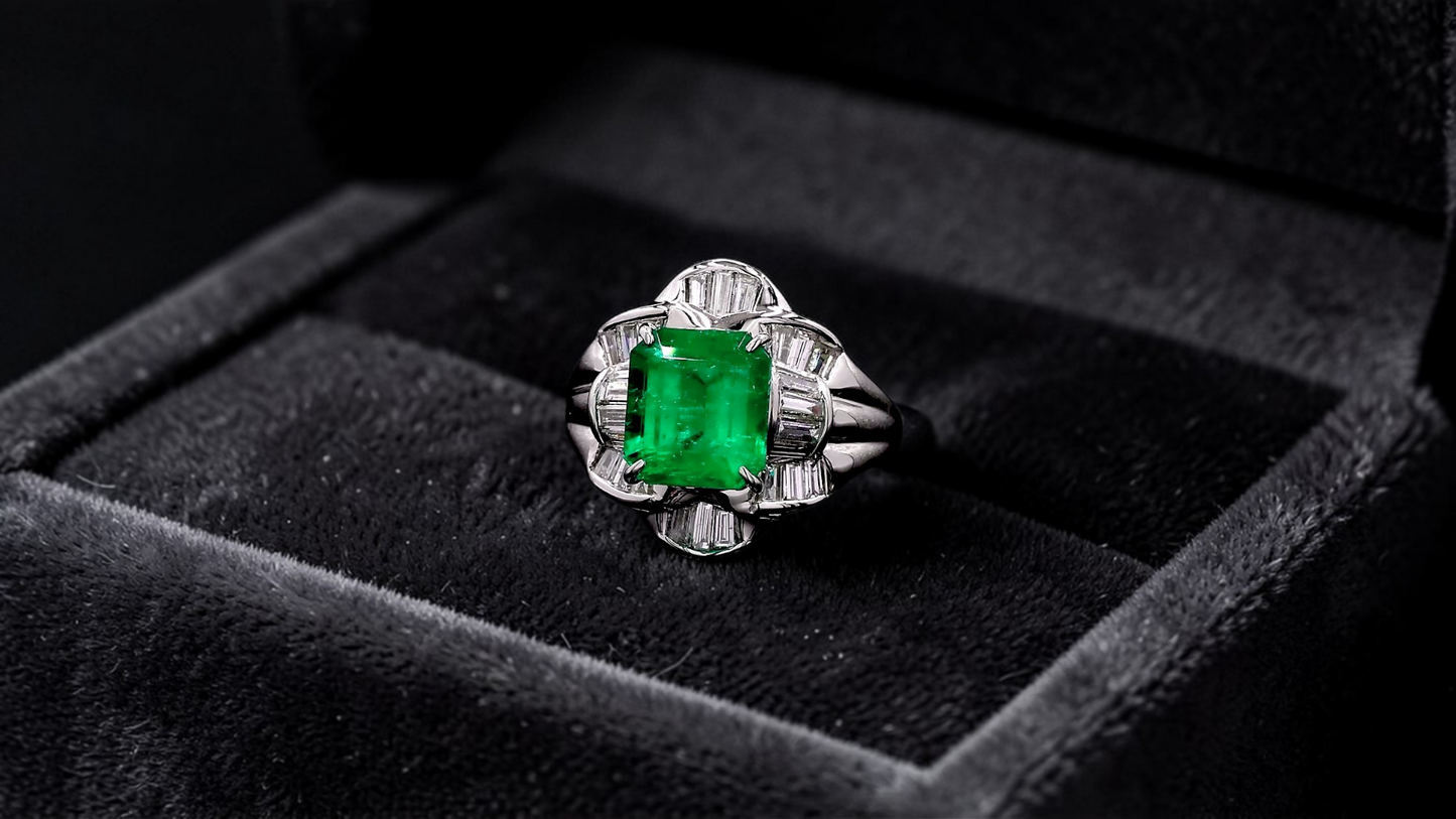 Nishio MADE IN JAPAN Certified 3.51 cts. Muzo Vivid Green Columbian Emerald Ring with Platinum 900 and White Diamonds Size US6  - R16