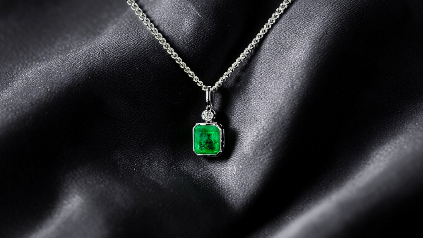 Kariya Certified 1.33 cts. Vivid Green Columbian Emerald Charm Pendant with 18K White Gold and White Diamonds - V2