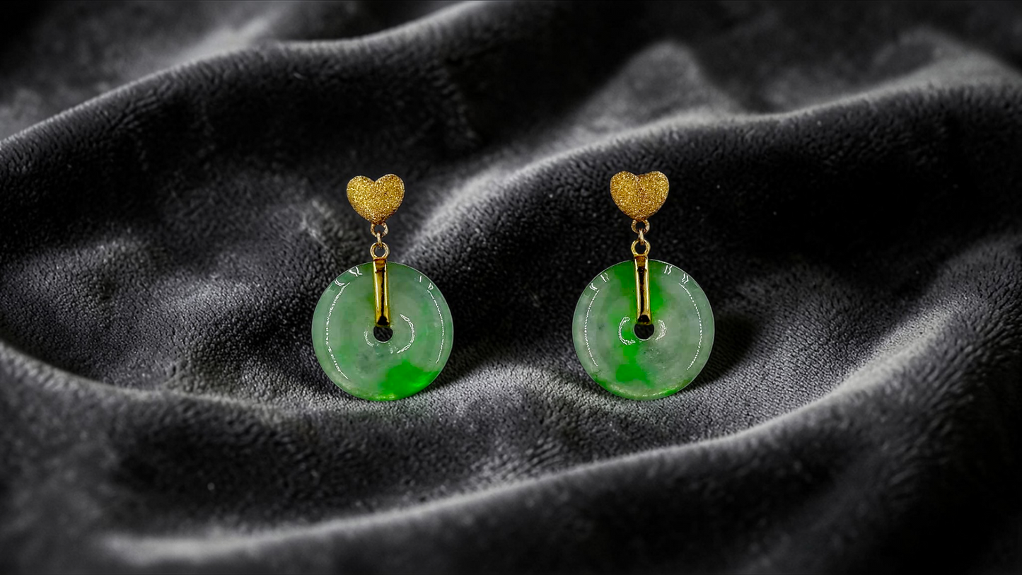 Anjo Dangling Donut Icy Green Burmese A-Jade Earrings (with 18K Yellow Gold) - Certified