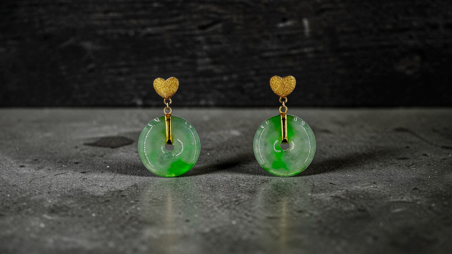 Anjo Dangling Donut Icy Green Burmese A-Jade Earrings (with 18K Yellow Gold) - Certified