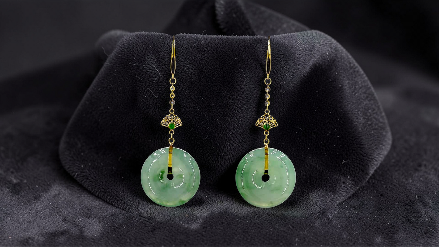 Gamagori Dangling Donut Icy Green Burmese A-Jade French Hook Earrings (with 18K Yellow Gold) - Certified