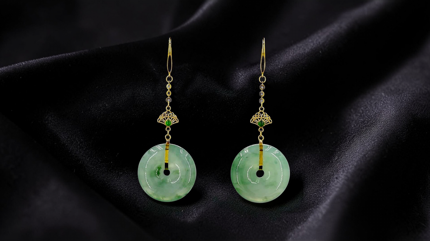 Gamagori Dangling Donut Icy Green Burmese A-Jade French Hook Earrings (with 18K Yellow Gold) - Certified
