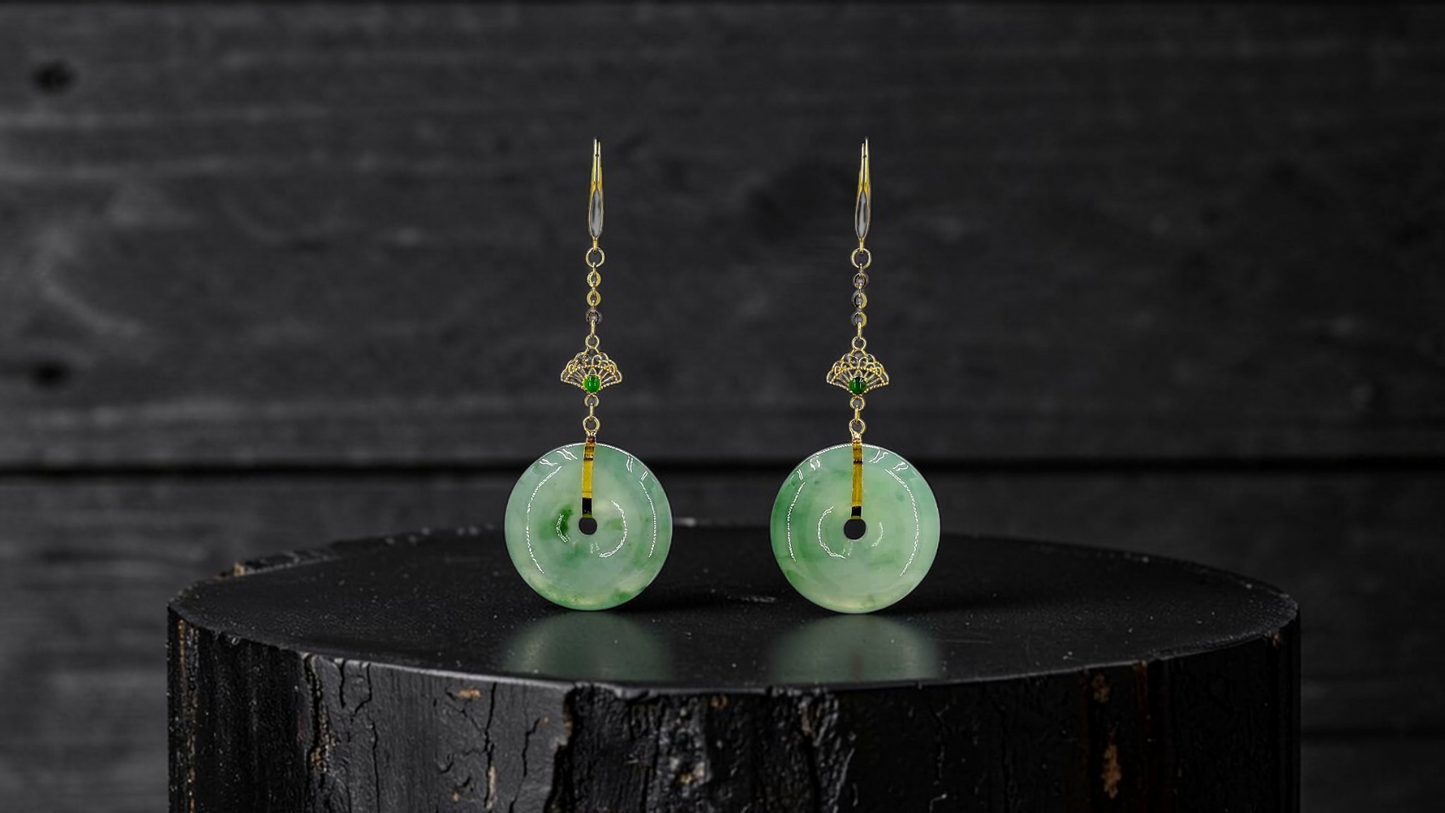 Gamagori Dangling Donut Icy Green Burmese A-Jade French Hook Earrings (with 18K Yellow Gold) - Certified