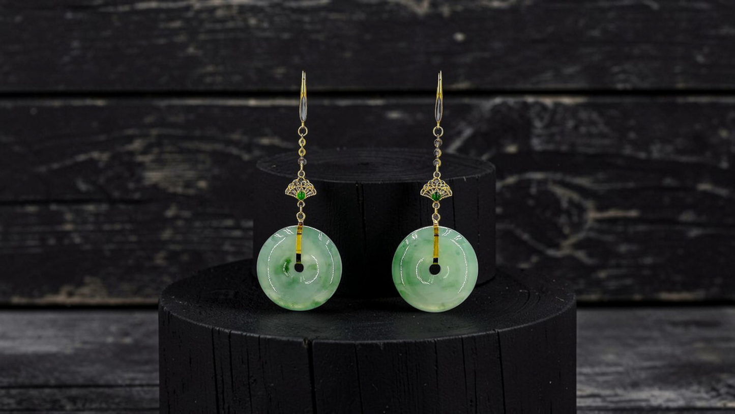 Gamagori Dangling Donut Icy Green Burmese A-Jade French Hook Earrings (with 18K Yellow Gold) - Certified