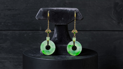 Inuyama Dangling Donut Icy Green Burmese A-Jade French Hook Earrings (with 18K Yellow Gold) - Certified