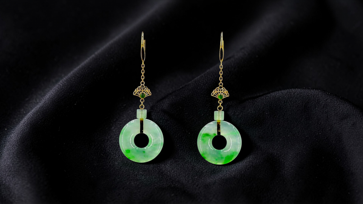 Inuyama Dangling Donut Icy Green Burmese A-Jade French Hook Earrings (with 18K Yellow Gold) - Certified