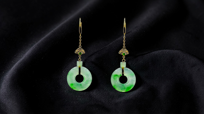 Inuyama Dangling Donut Icy Green Burmese A-Jade French Hook Earrings (with 18K Yellow Gold) - Certified