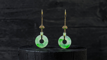 Inuyama Dangling Donut Icy Green Burmese A-Jade French Hook Earrings (with 18K Yellow Gold) - Certified