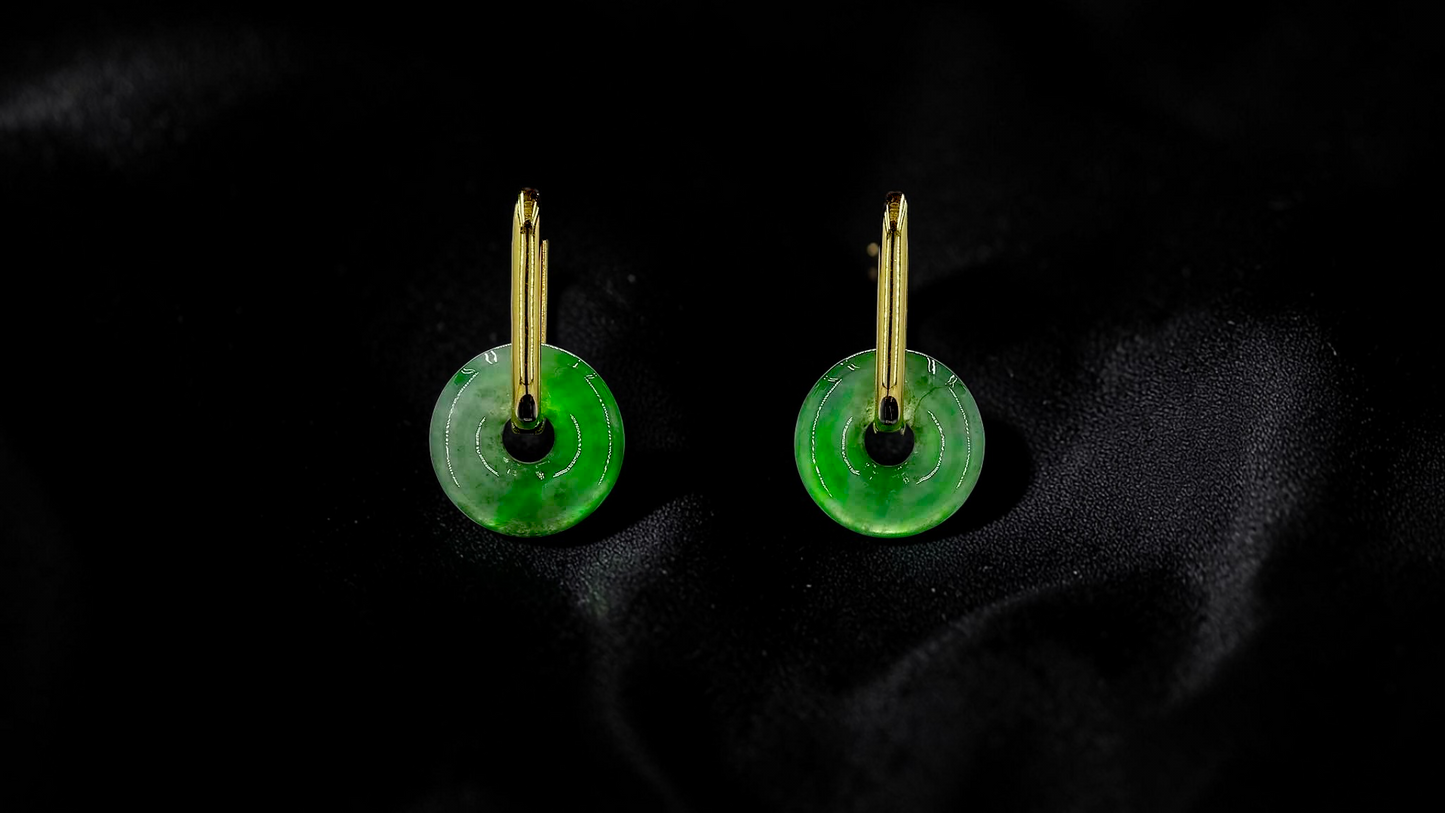 Tokoname Dangling Donut Bright Icy Green Burmese A-Jade Earrings (with 18K Yellow Gold) - Certified