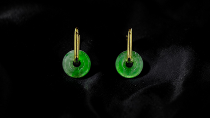 Tokoname Dangling Donut Bright Icy Green Burmese A-Jade Earrings (with 18K Yellow Gold) - Certified