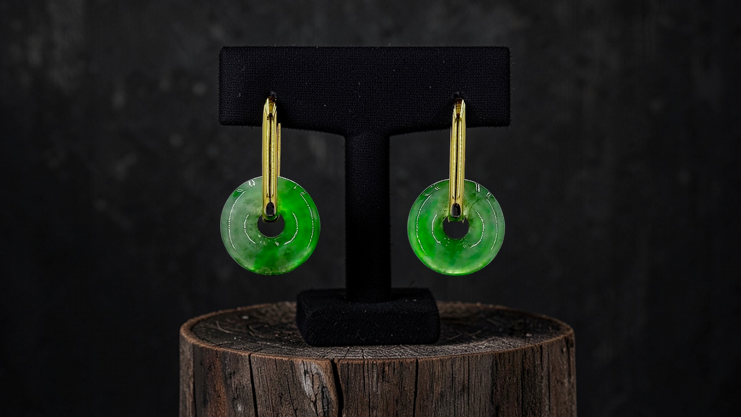 Tokoname Dangling Donut Bright Icy Green Burmese A-Jade Earrings (with 18K Yellow Gold) - Certified