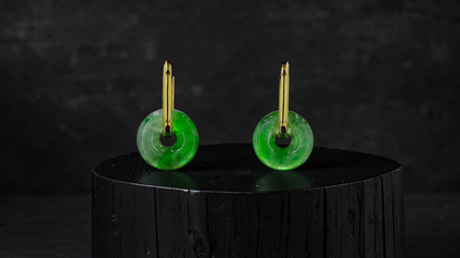 Tokoname Dangling Donut Bright Icy Green Burmese A-Jade Earrings (with 18K Yellow Gold) - Certified