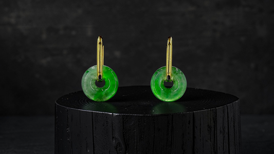 Tokoname Dangling Donut Bright Icy Green Burmese A-Jade Earrings (with 18K Yellow Gold) - Certified