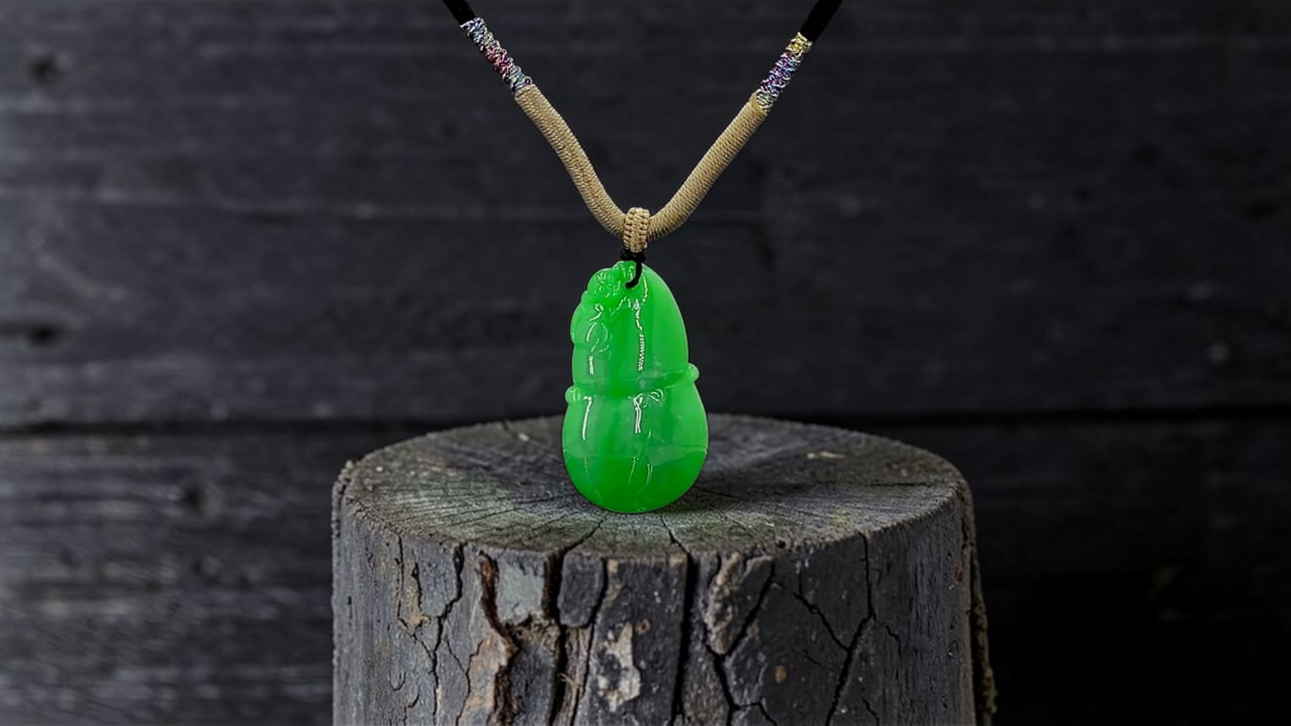 Buddha Double Gourd Vivid-Imperial Green Burmese A-Jadeite Pendant - V1 - Certified