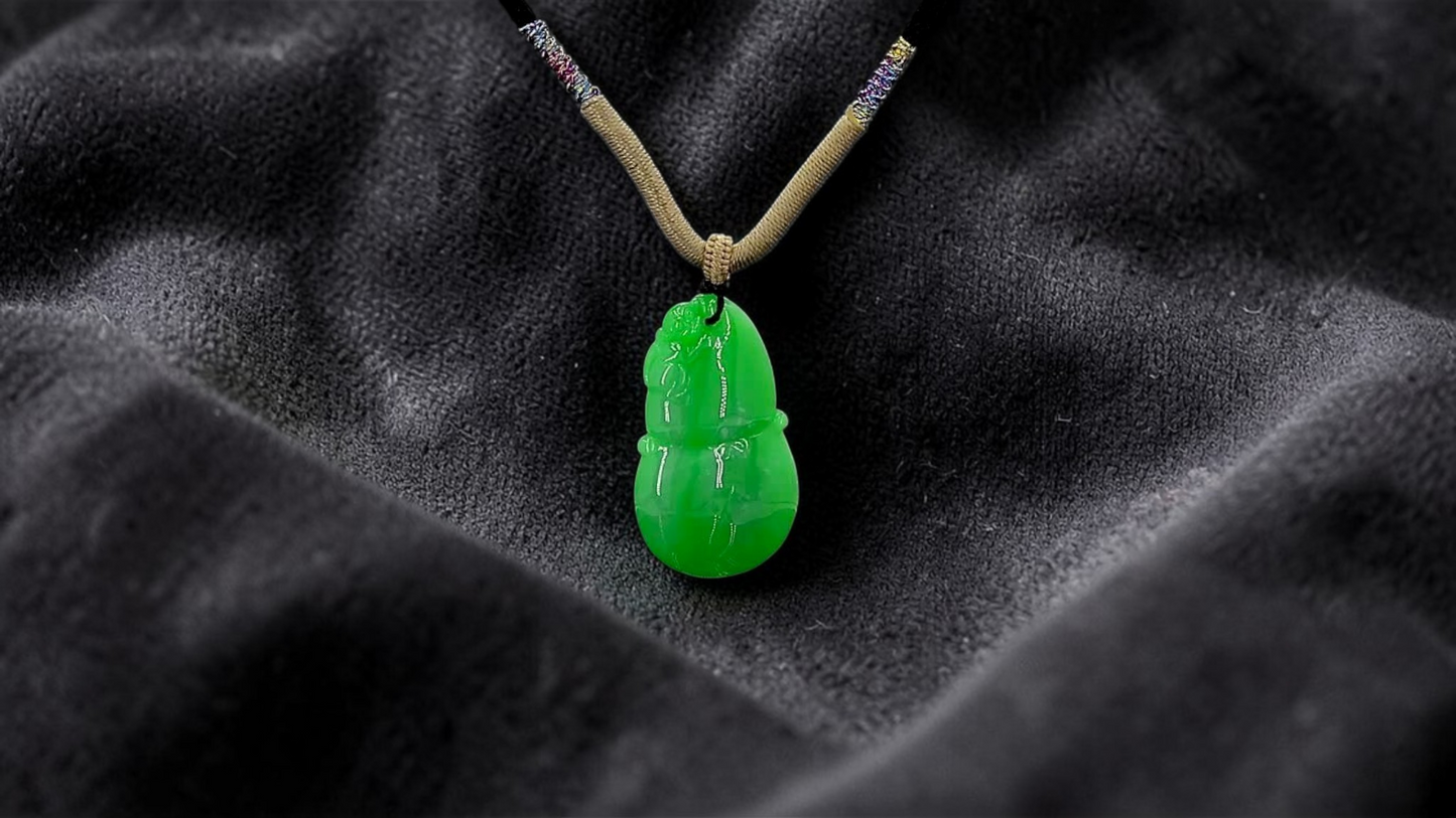Buddha Double Gourd Vivid-Imperial Green Burmese A-Jadeite Pendant - V1 - Certified