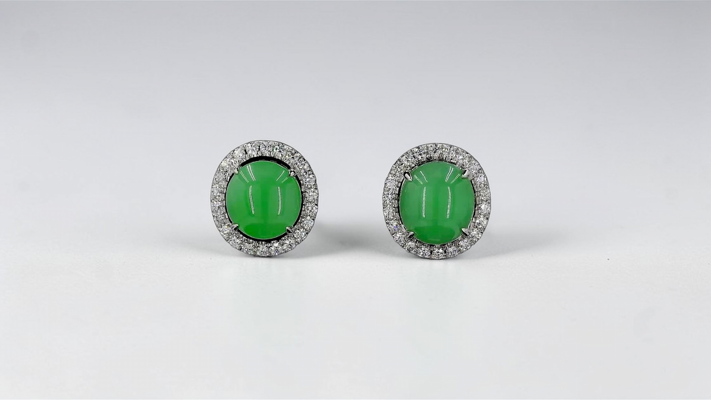 Eternal Sunshine Apple Green Burmese A-Jade Stud Earrings with Diamond Halo and 18K White Gold - Certified - V2
