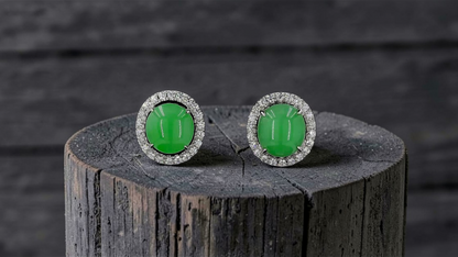 Eternal Sunshine Apple Green Burmese A-Jade Stud Earrings with Diamond Halo and 18K White Gold - Certified - V2