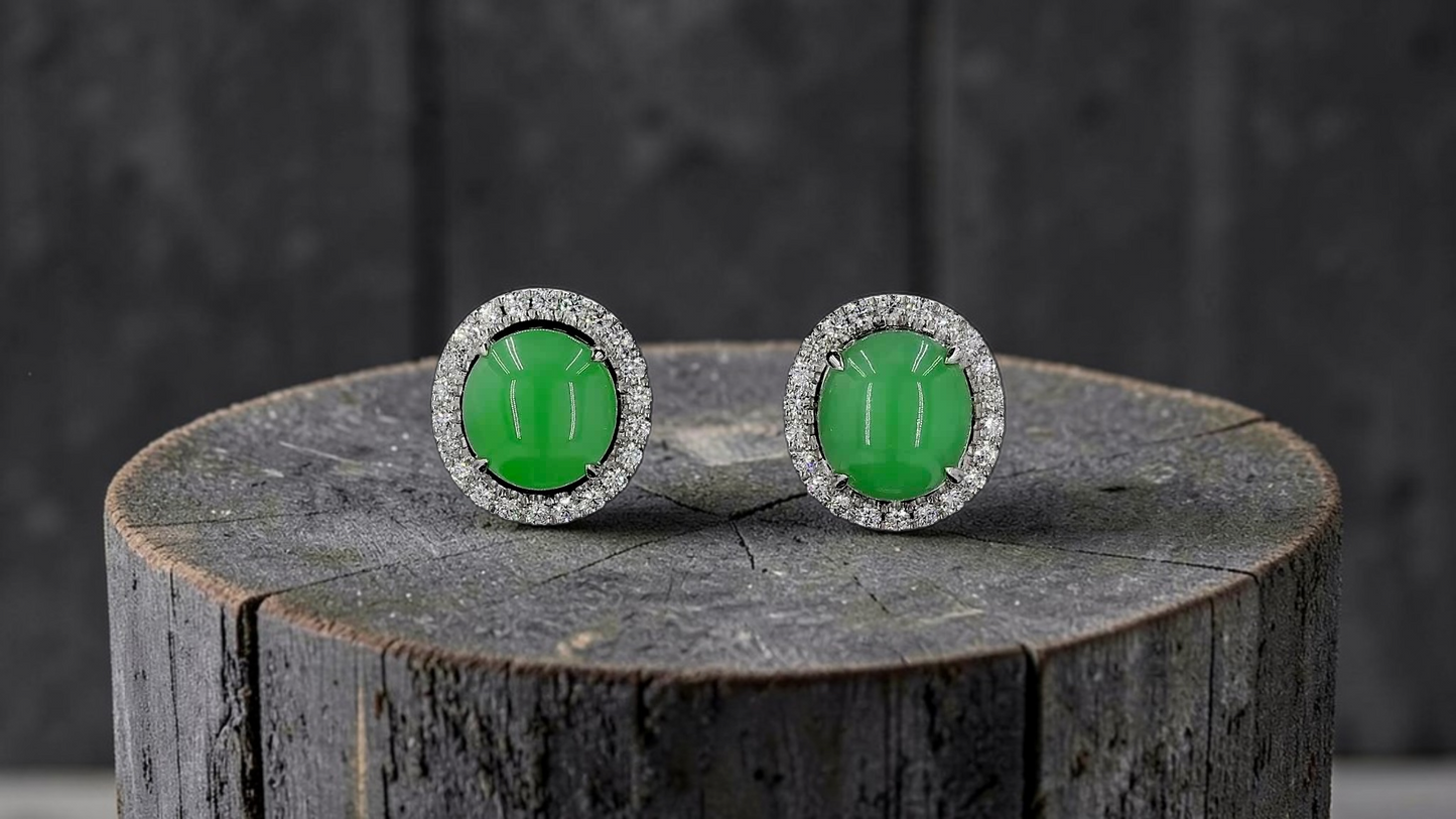 Eternal Sunshine Apple Green Burmese A-Jade Stud Earrings with Diamond Halo and 18K White Gold - Certified - V2