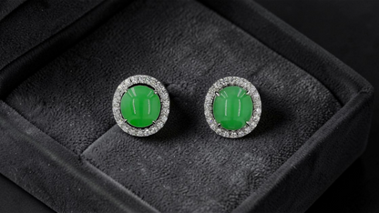 Eternal Sunshine Apple Green Burmese A-Jade Stud Earrings with Diamond Halo and 18K White Gold - Certified - V2