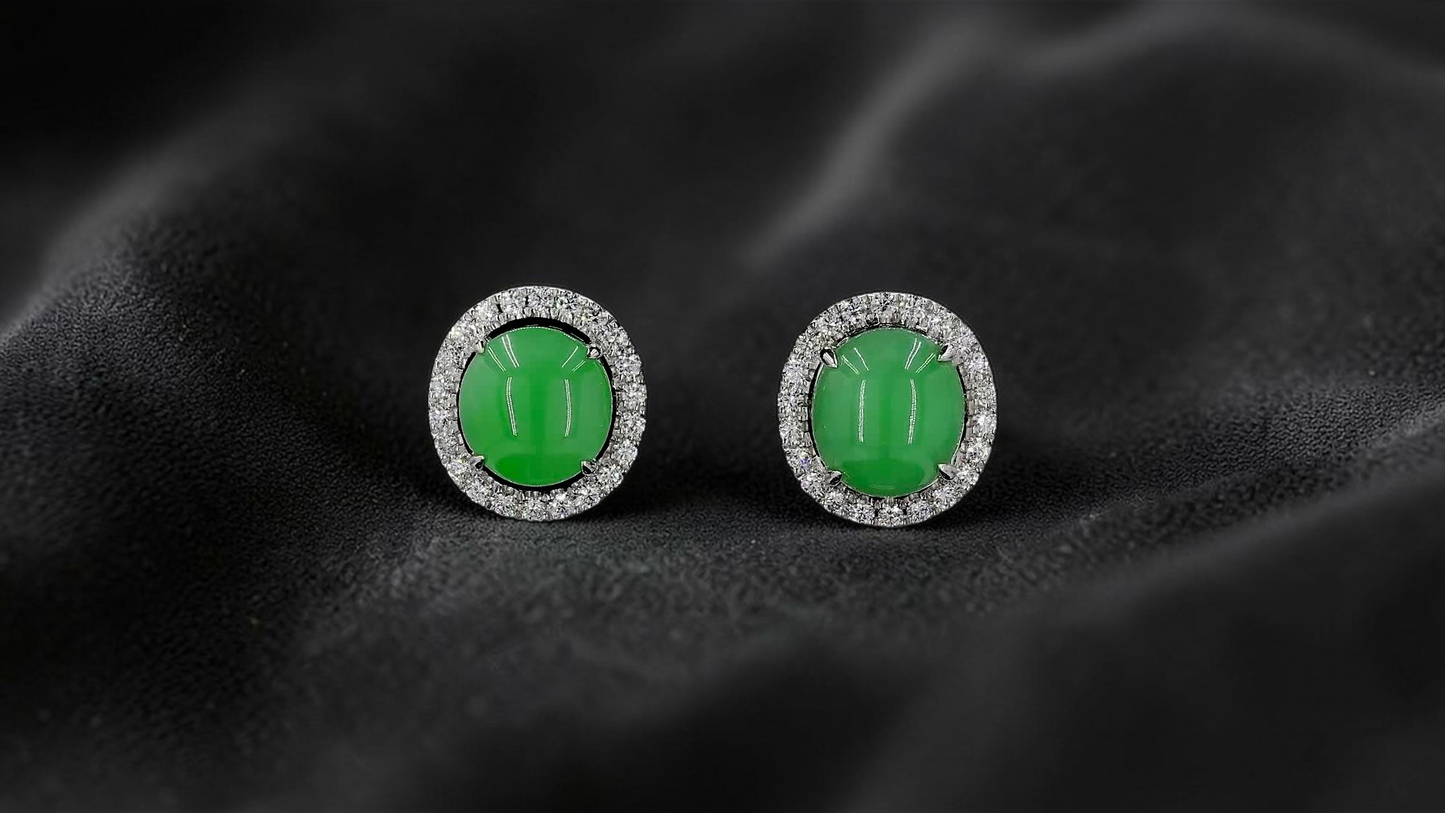 Eternal Sunshine Apple Green Burmese A-Jade Stud Earrings with Diamond Halo and 18K White Gold - Certified - V2