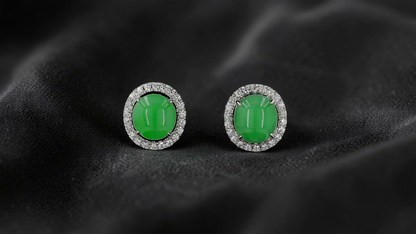 Eternal Sunshine Apple Green Burmese A-Jade Stud Earrings with Diamond Halo and 18K White Gold - Certified - V2