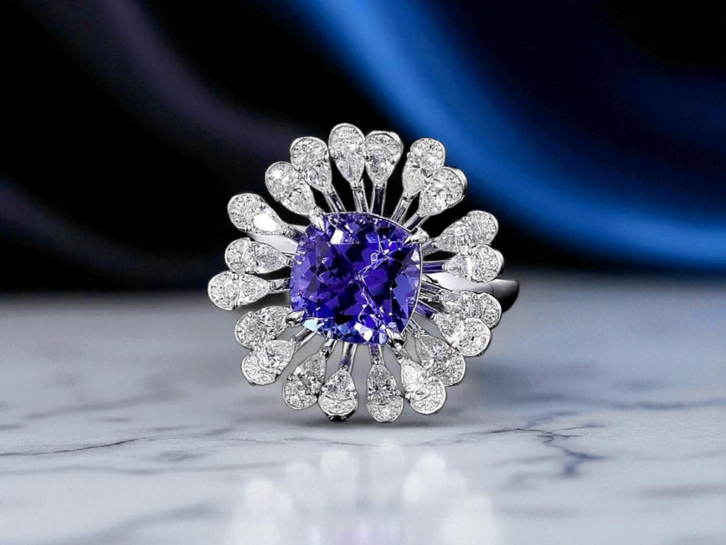 Teramo (2.96 cts.) Tanzanite and Natural Diamonds Ring (with 18K White Gold - R4039A