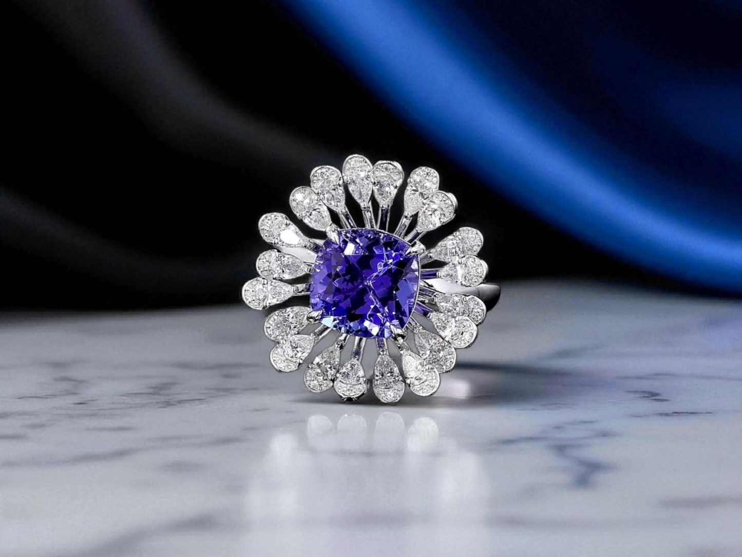 Teramo (2.96 cts.) Tanzanite and Natural Diamonds Ring (with 18K White Gold - R4039A