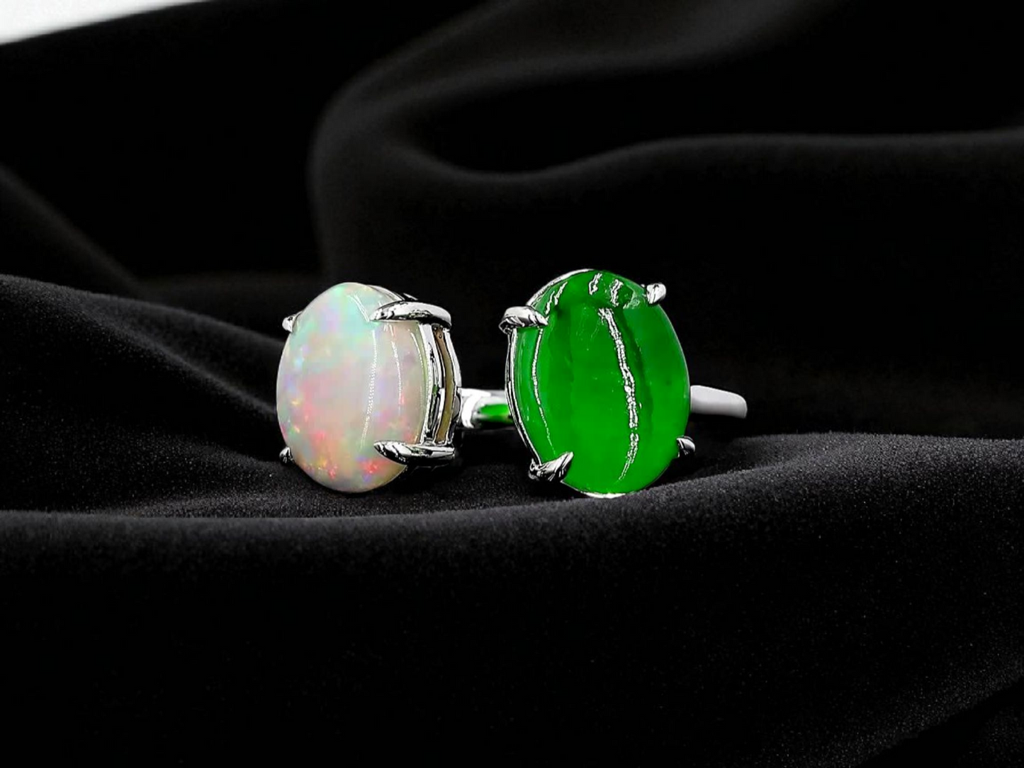 Opade Opulence Burmese A-Jadeite and Australian Opal Toi et Moi Ring Size US 6.5 with 18K White Gold - Certified V1