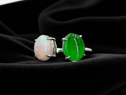 Opade Opulence Burmese A-Jadeite and Australian Opal Toi et Moi Ring Size US 6.5 with 18K White Gold - Certified V1