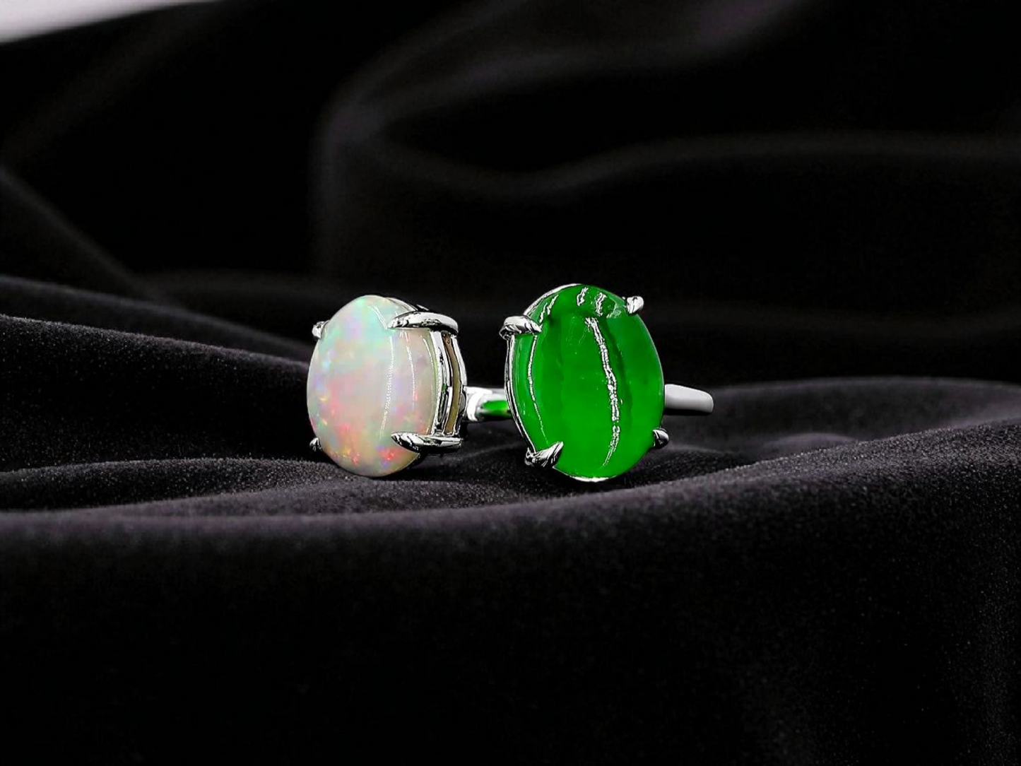 Opade Opulence Burmese A-Jadeite and Australian Opal Toi et Moi Ring Size US 6.5 with 18K White Gold - Certified V1