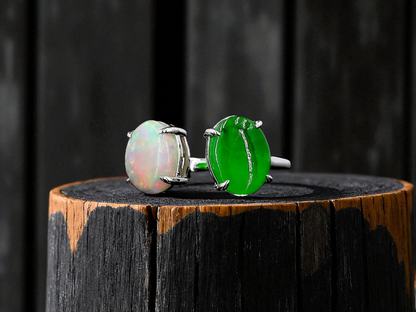 Opade Opulence Burmese A-Jadeite and Australian Opal Toi et Moi Ring Size US 6.5 with 18K White Gold - Certified V1