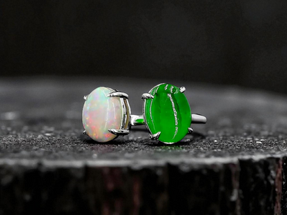 Opade Opulence Burmese A-Jadeite and Australian Opal Toi et Moi Ring Size US 6.5 with 18K White Gold - Certified V1
