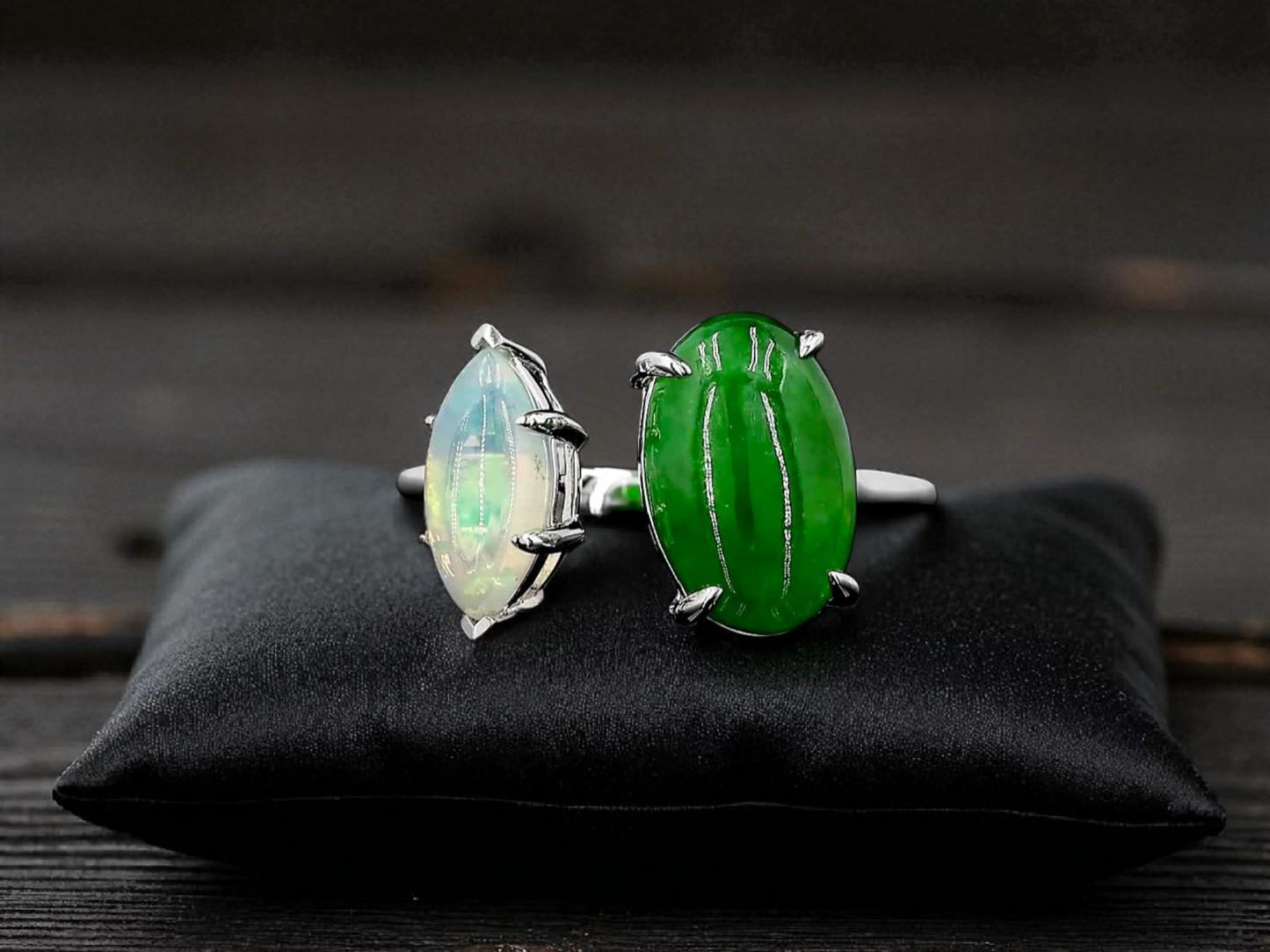Opade Elegance Burmese A-Jadeite and Australian Opal Toi et Moi Ring Size US 7 with 14K White Gold - Certified V1