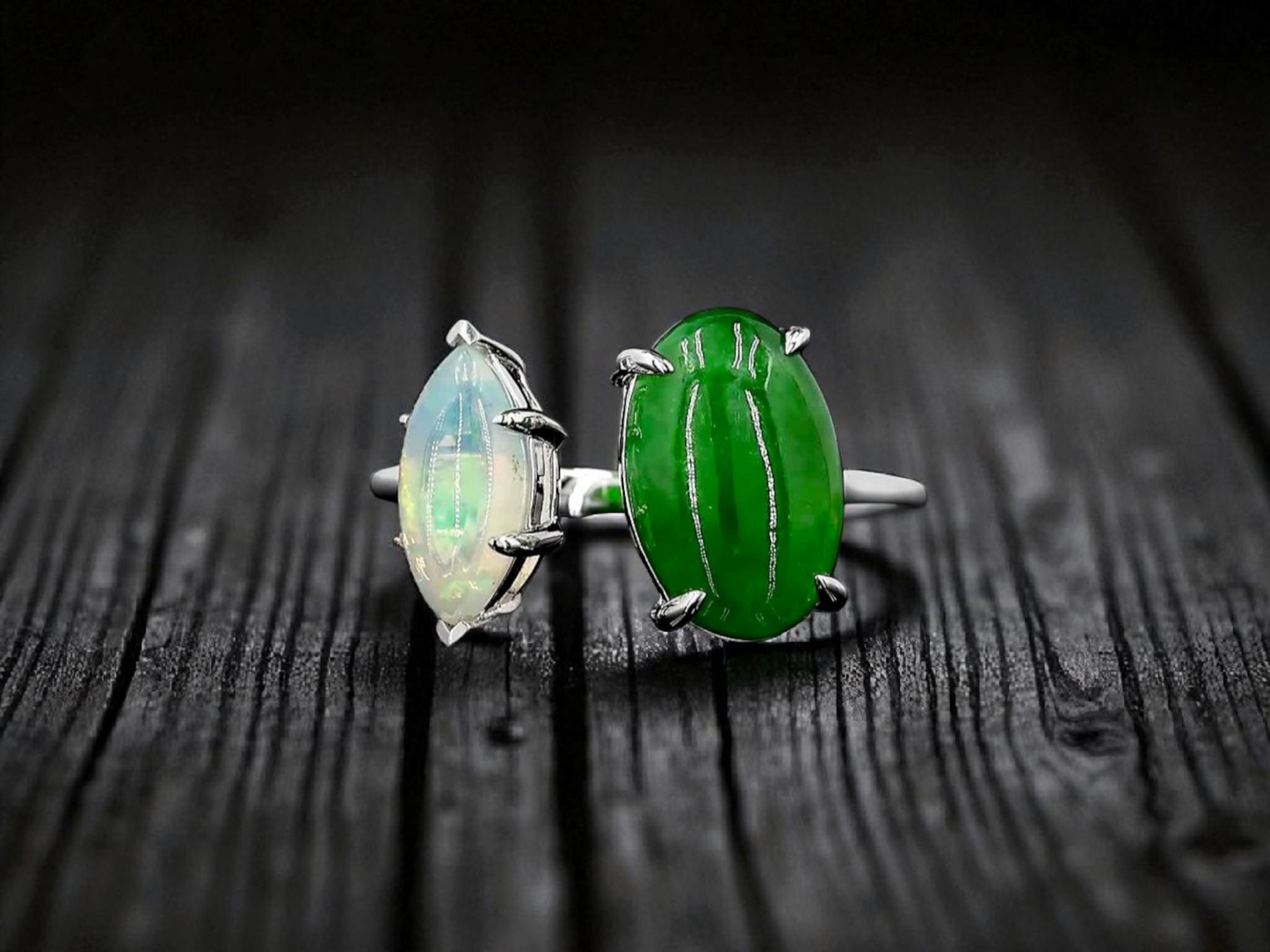 Opade Elegance Burmese A-Jadeite and Australian Opal Toi et Moi Ring Size US 7 with 14K White Gold - Certified V1