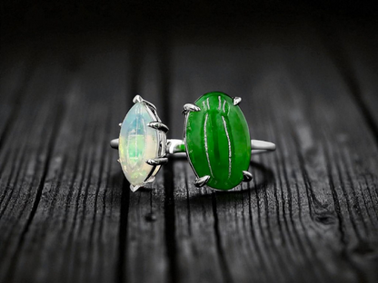 Opade Elegance Burmese A-Jadeite and Australian Opal Toi et Moi Ring Size US 7 with 14K White Gold - Certified V1