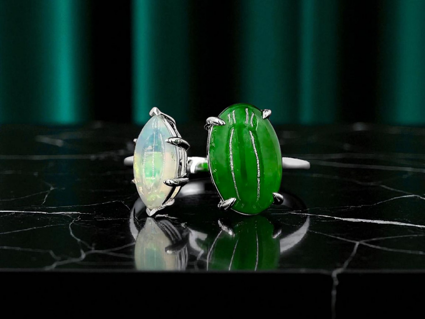 Opade Elegance Burmese A-Jadeite and Australian Opal Toi et Moi Ring Size US 7 with 14K White Gold - Certified V1