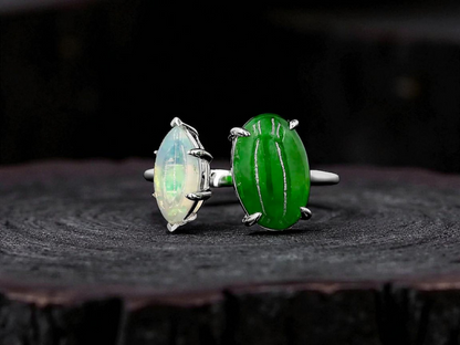 Opade Elegance Burmese A-Jadeite and Australian Opal Toi et Moi Ring Size US 7 with 14K White Gold - Certified V1