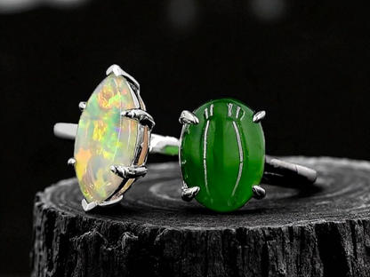 Opade Elegance Burmese A-Jadeite and Australian Opal Toi et Moi Ring Size US 8 with 14K White Gold - Certified V2