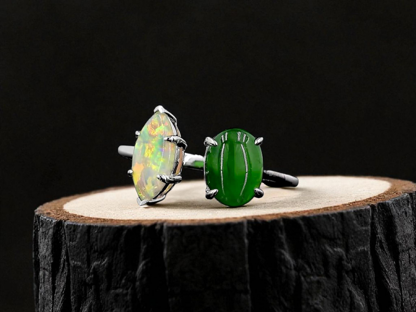 Opade Elegance Burmese A-Jadeite and Australian Opal Toi et Moi Ring Size US 8 with 14K White Gold - Certified V2