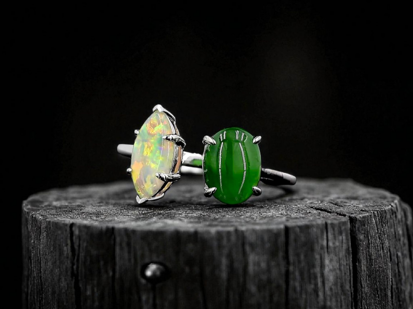 Opade Elegance Burmese A-Jadeite and Australian Opal Toi et Moi Ring Size US 8 with 14K White Gold - Certified V2