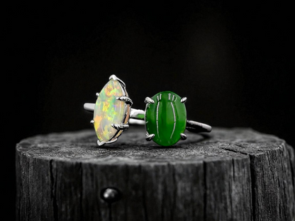 Opade Elegance Burmese A-Jadeite and Australian Opal Toi et Moi Ring Size US 8 with 14K White Gold - Certified V2