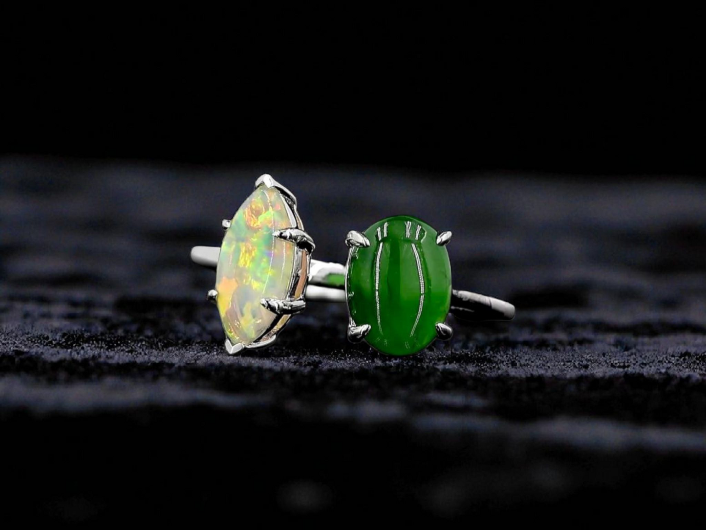 Opade Elegance Burmese A-Jadeite and Australian Opal Toi et Moi Ring Size US 8 with 14K White Gold - Certified V2