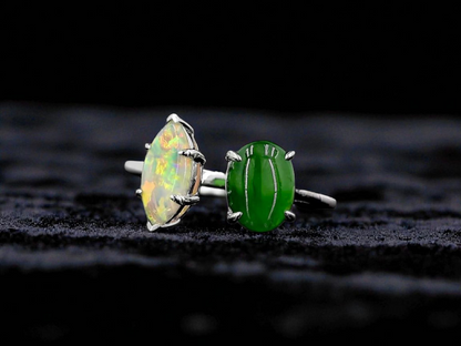 Opade Elegance Burmese A-Jadeite and Australian Opal Toi et Moi Ring Size US 8 with 14K White Gold - Certified V2