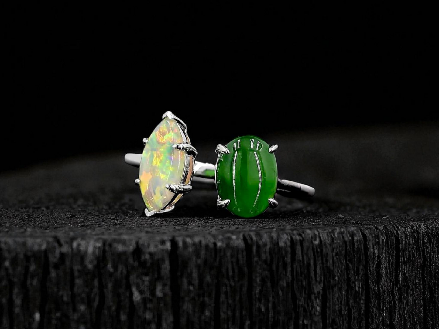 Opade Elegance Burmese A-Jadeite and Australian Opal Toi et Moi Ring Size US 8 with 14K White Gold - Certified V2