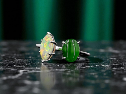 Opade Elegance Burmese A-Jadeite and Australian Opal Toi et Moi Ring Size US 8 with 14K White Gold - Certified V2