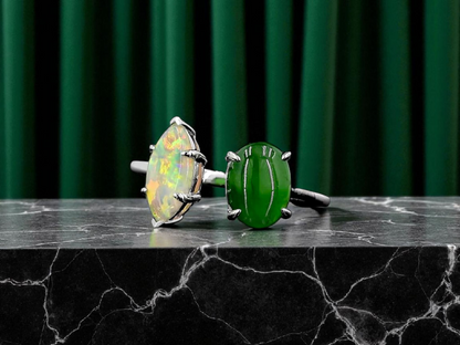 Opade Elegance Burmese A-Jadeite and Australian Opal Toi et Moi Ring Size US 8 with 14K White Gold - Certified V2