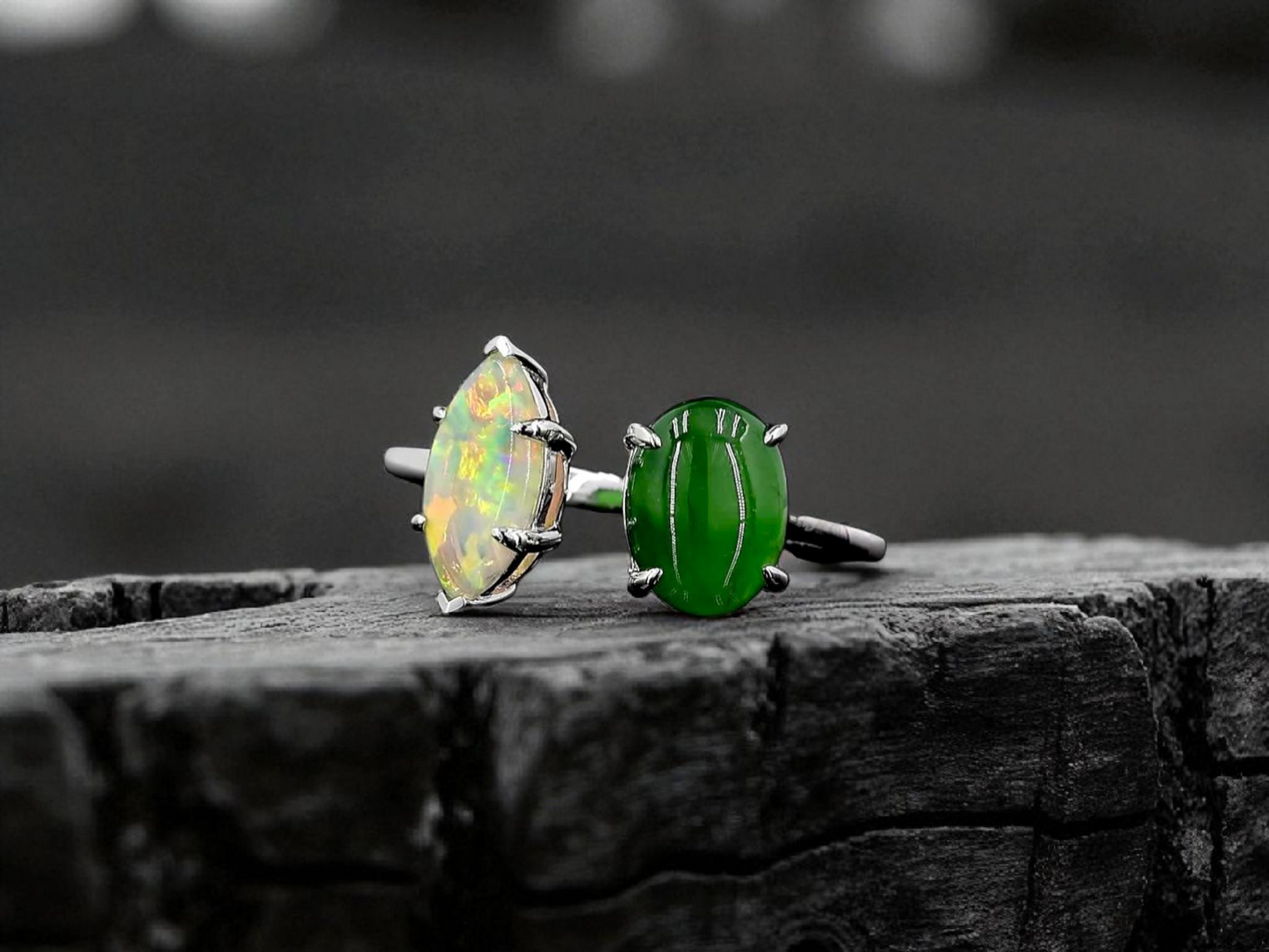 Opade Elegance Burmese A-Jadeite and Australian Opal Toi et Moi Ring Size US 8 with 14K White Gold - Certified V2