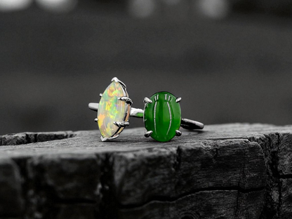 Opade Elegance Burmese A-Jadeite and Australian Opal Toi et Moi Ring Size US 8 with 14K White Gold - Certified V2
