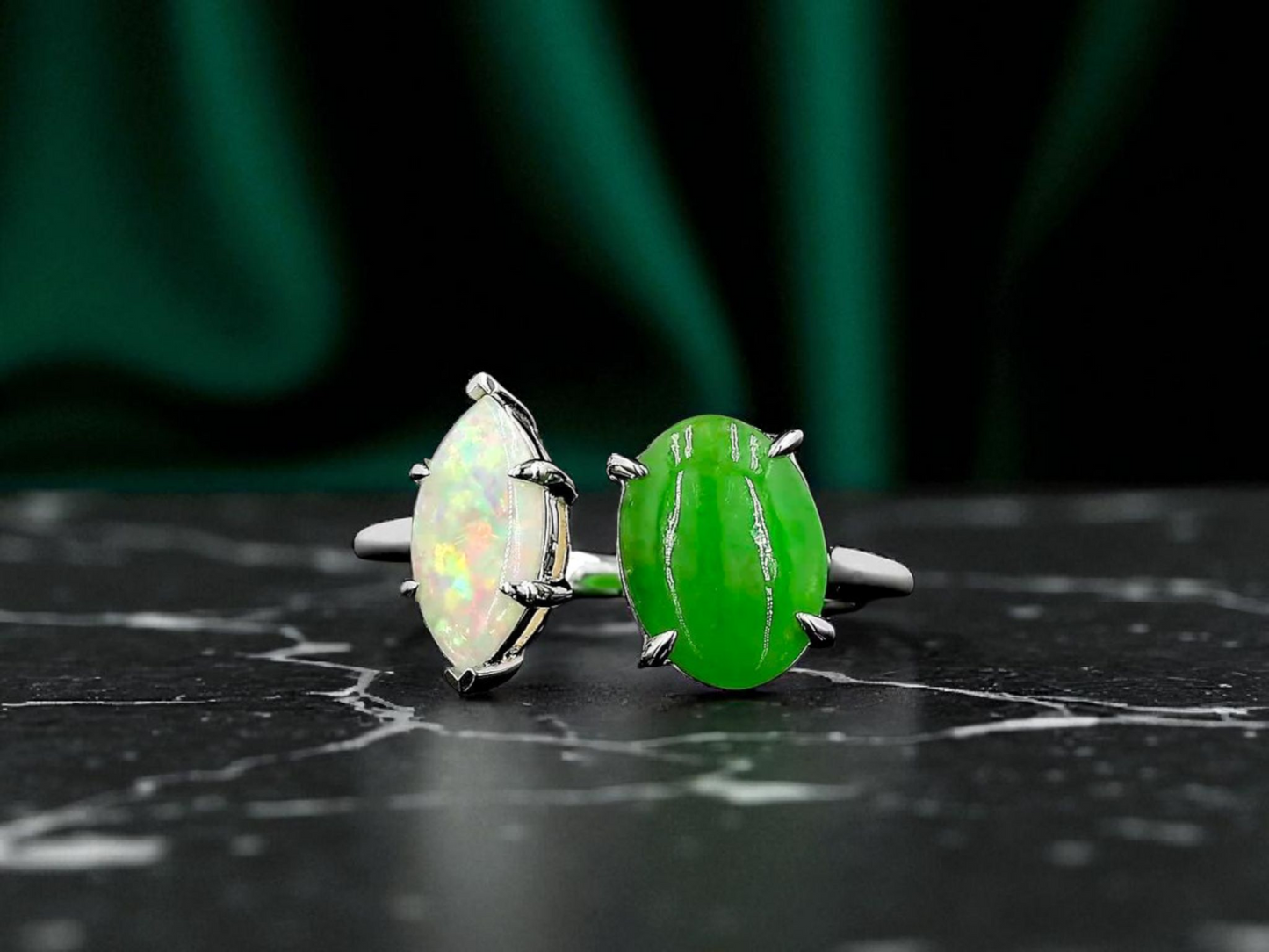 Opade Elegance Burmese A-Jadeite and Australian Opal Toi et Moi Ring Size US 7 with 14K White Gold - Certified V3